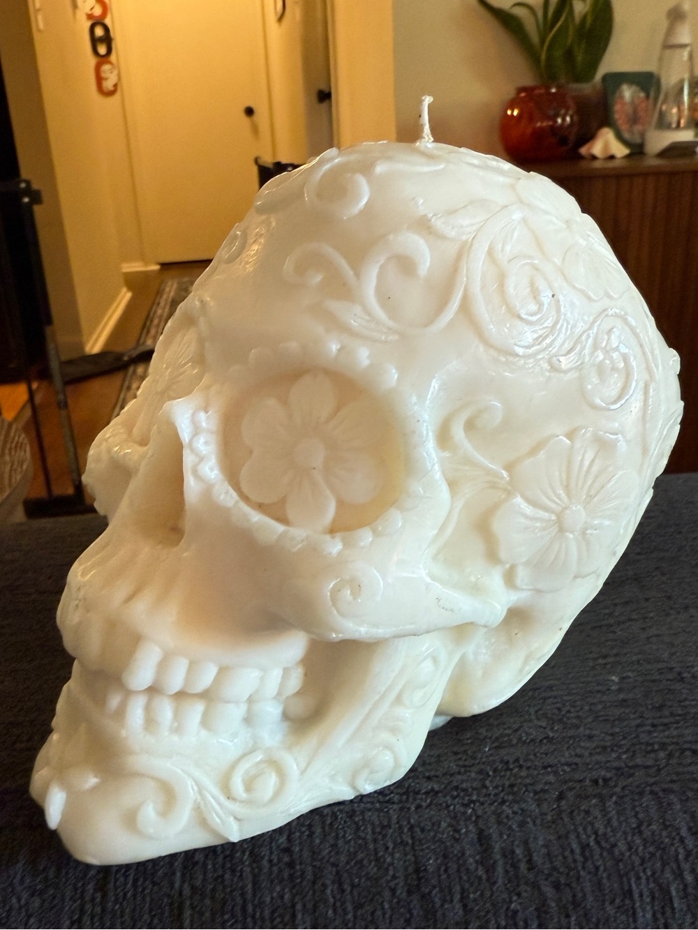 Pottery Barn White Floral Sugar Skull Candle